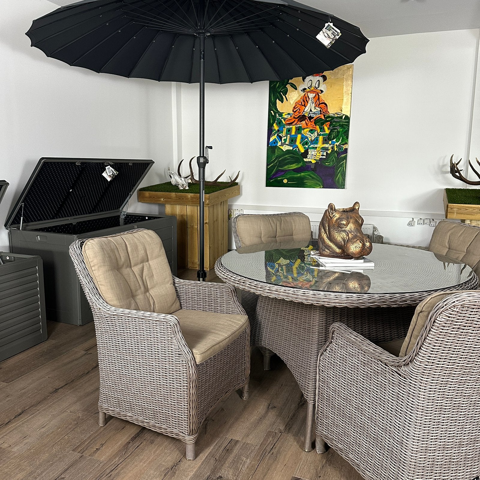 Ronde Wicker Tuinset Ø130 cm – 4 Comfortabele Stoelen, Gebruikt, Verzenden, ., .