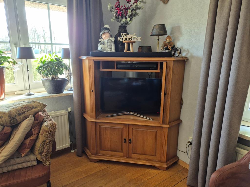 Massief eiken TV hoekkast in honingkleur, Ophalen, 75 cm of meer, 100 tot 150 cm, 150 tot 200 cm