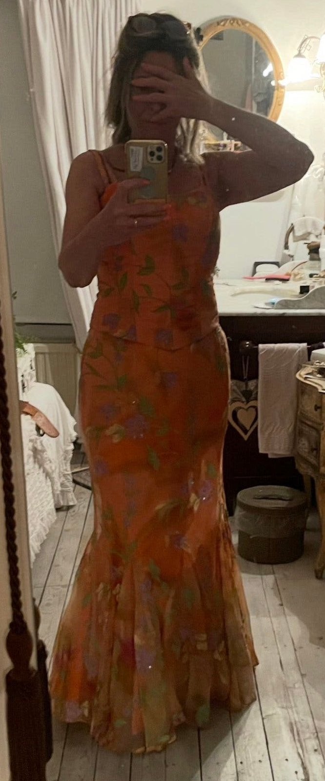2 delig pak (Rok+Top) maat M oranje meerkleurig bewerkt, Kleding | Dames, Ophalen of Verzenden, Zo goed als nieuw