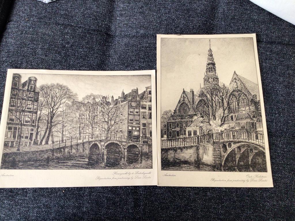 2 Prenten Amsterdam Louis Landre Oude Kerktoren Herengracht, Ophalen of Verzenden, Voor 1940, Zo goed als nieuw