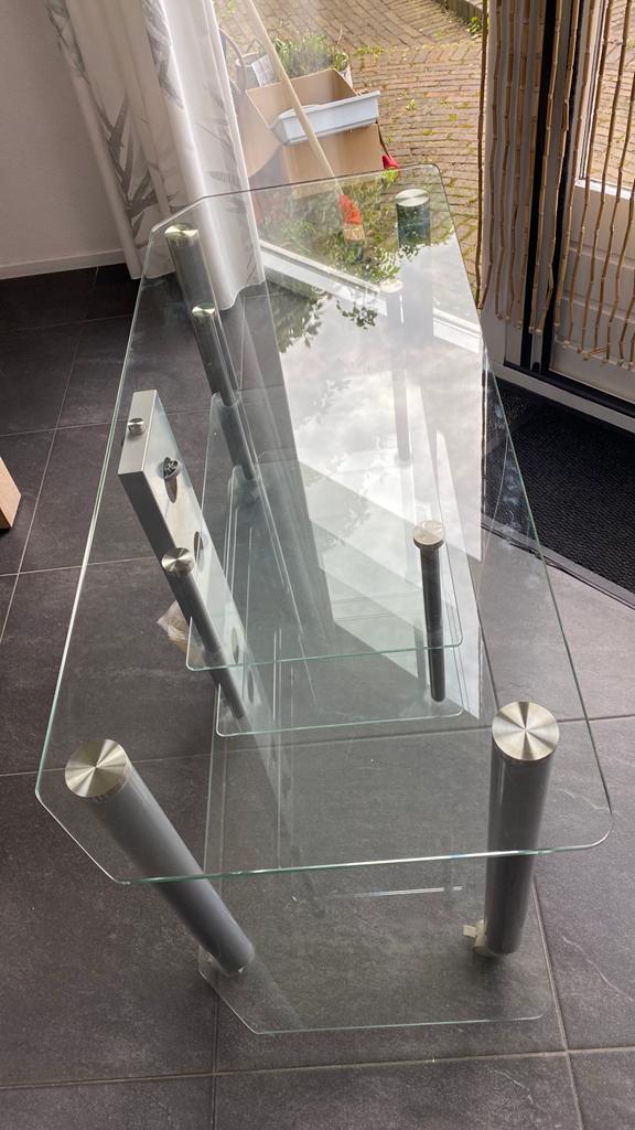 Tv meubel van glas, 110 breed, hoogte is 61.5, Huis en Inrichting, Tafels | Salontafels, Gebruikt, 100 tot 150 cm, Ophalen of Verzenden