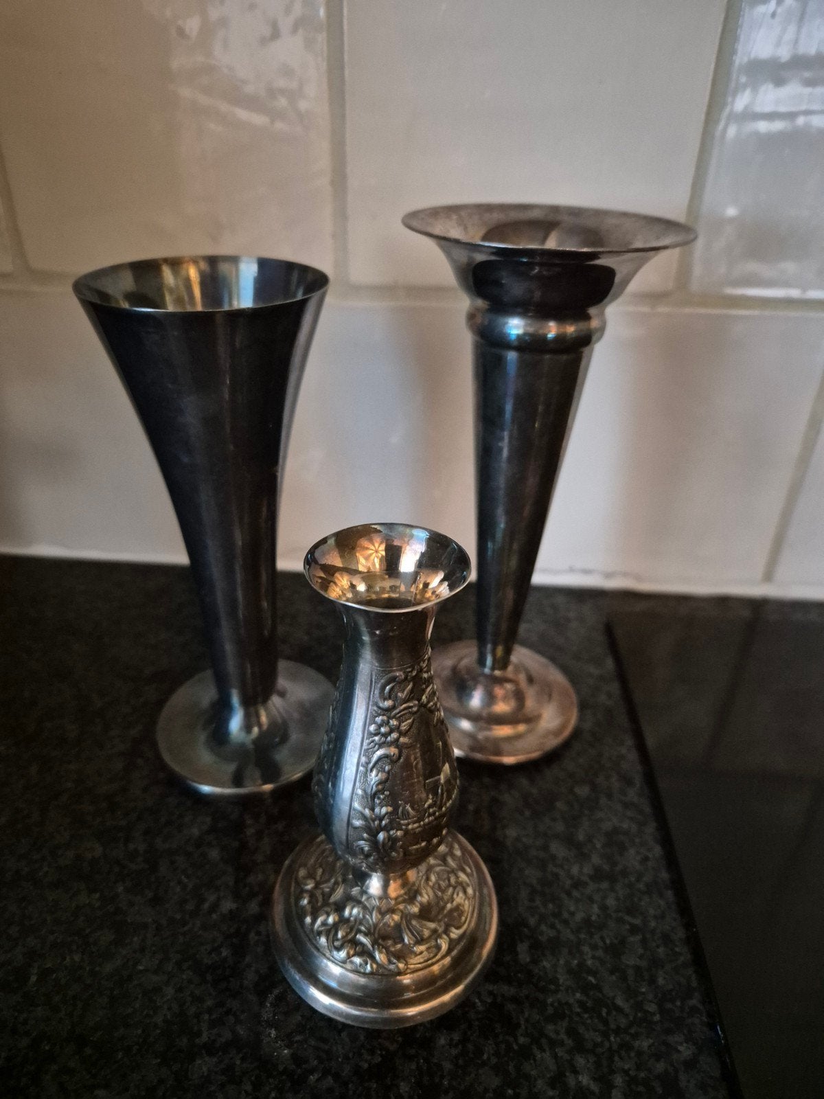 3 verzilverde bloemenvaasjes, Antiek en Kunst, Ophalen of Verzenden