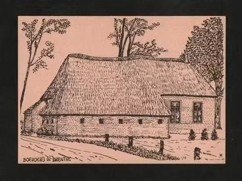 Drenthe Boerderij in Drenthe, Pentekening., Verzamelen, Ansichtkaarten | Nederland, Ophalen of Verzenden, 1940 tot 1960, Ongelopen