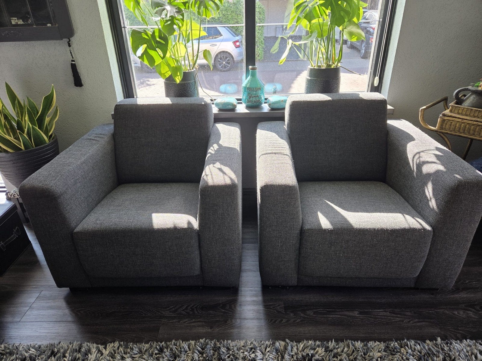 Set van 2 comfortabele grijze fauteuils, Ophalen, Gebruikt, 75 tot 100 cm, 75 tot 100 cm