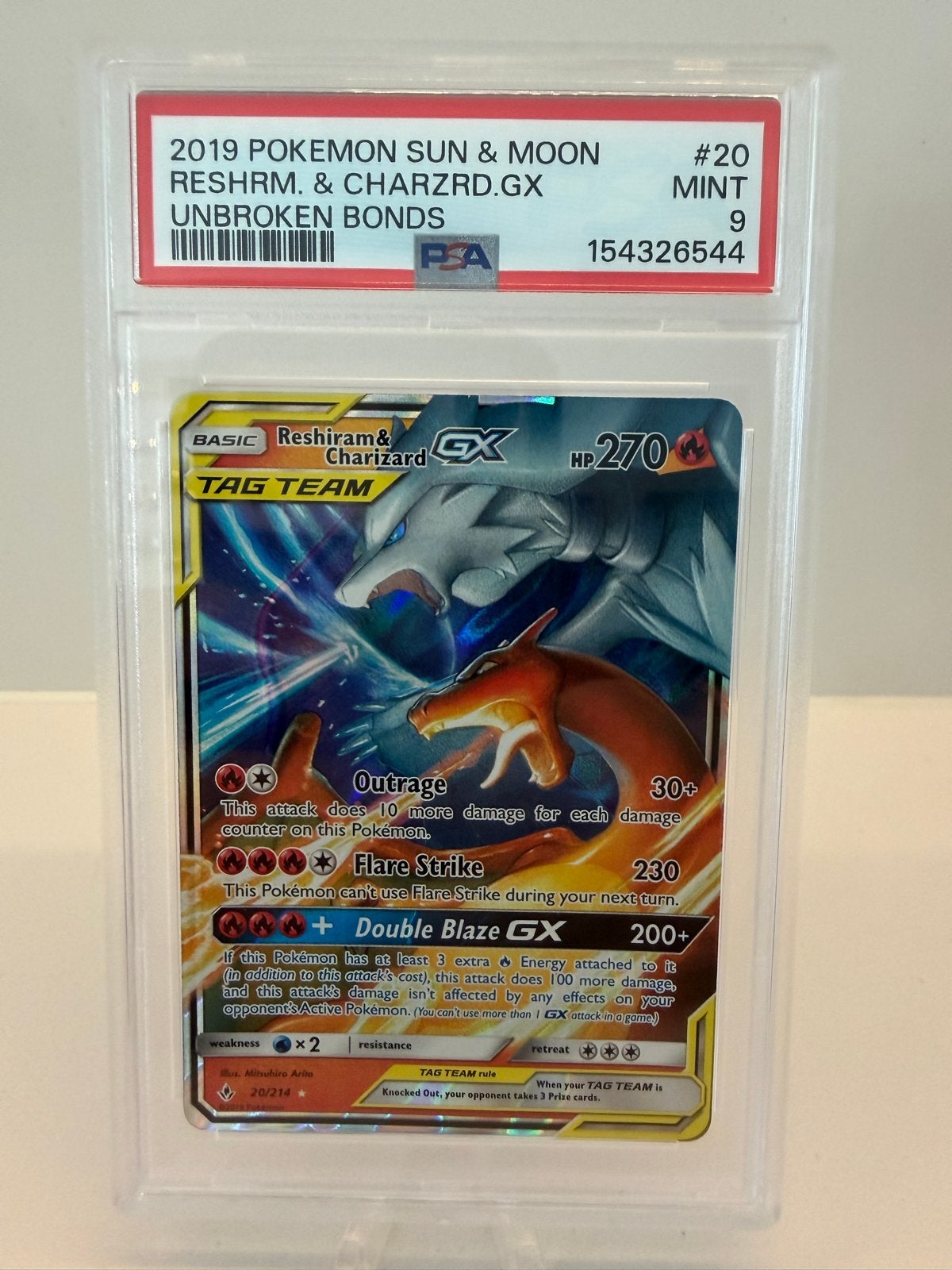 Reshiram & Charizard GX PSA 9 MINT Pokémon Kaart, Ophalen of Verzenden, Zo goed als nieuw, Losse kaart