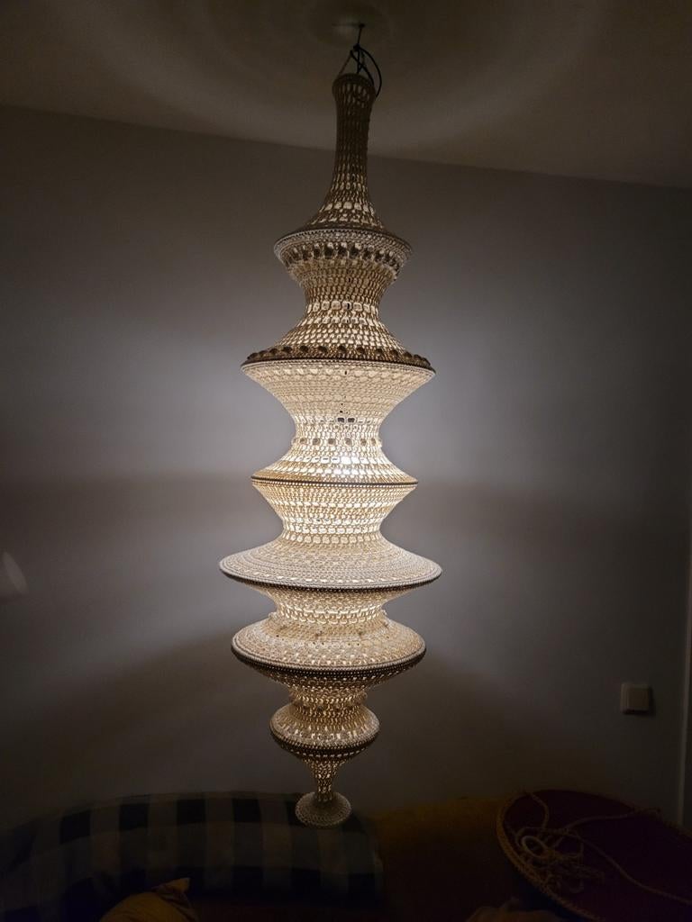 Handgehaakte visnetlamp - Ecru katoen - 130cm hoog, Nieuw, Boho, Scandinavisch, Natuurlijk, Ophalen of Verzenden, 75 cm of meer
