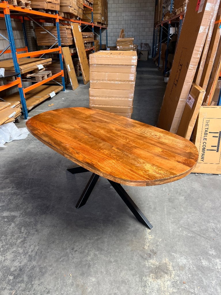 Deens ovale eettafel 190x100cm mango bruin incl. spinpoot, Ophalen, Nieuw, 50 tot 100 cm, Vijf personen of meer