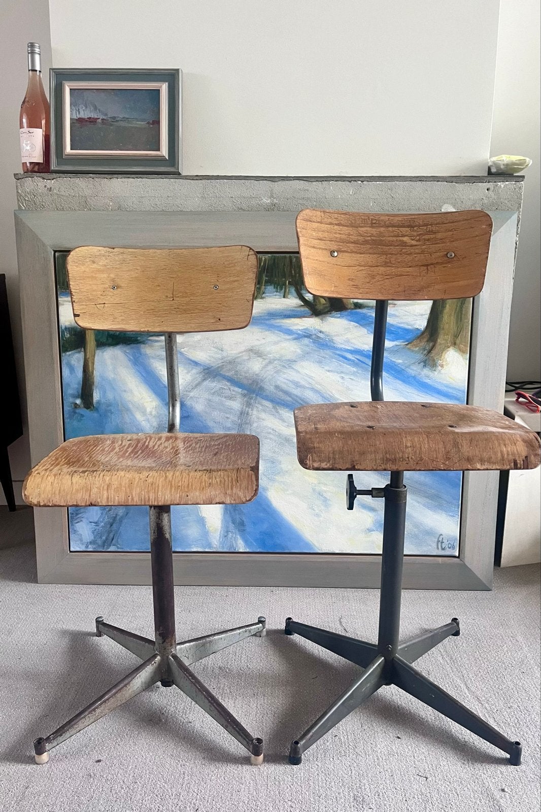 2x Klassieke schoolstoelen / industriële krukken, Ophalen