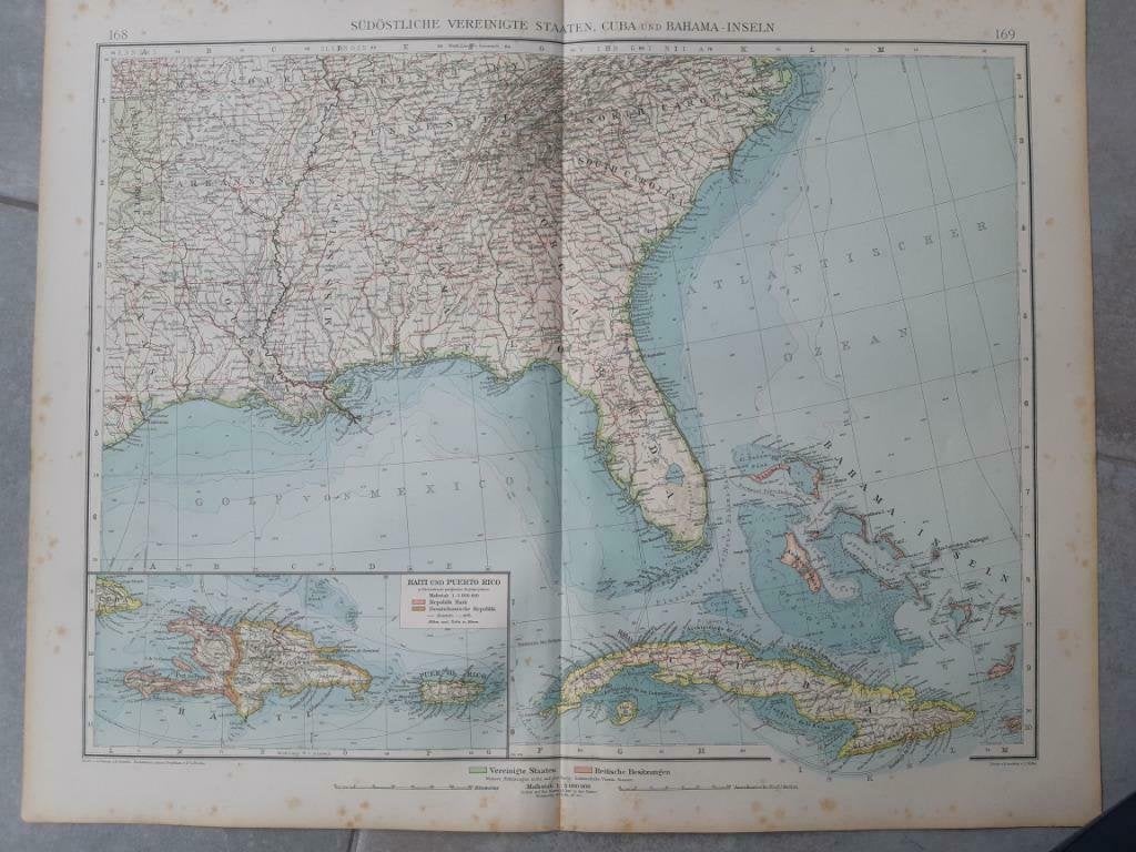 168-169 / Zuid Oost Amerika Cuba en Bahama's Litho uit 1899, Ophalen of Verzenden