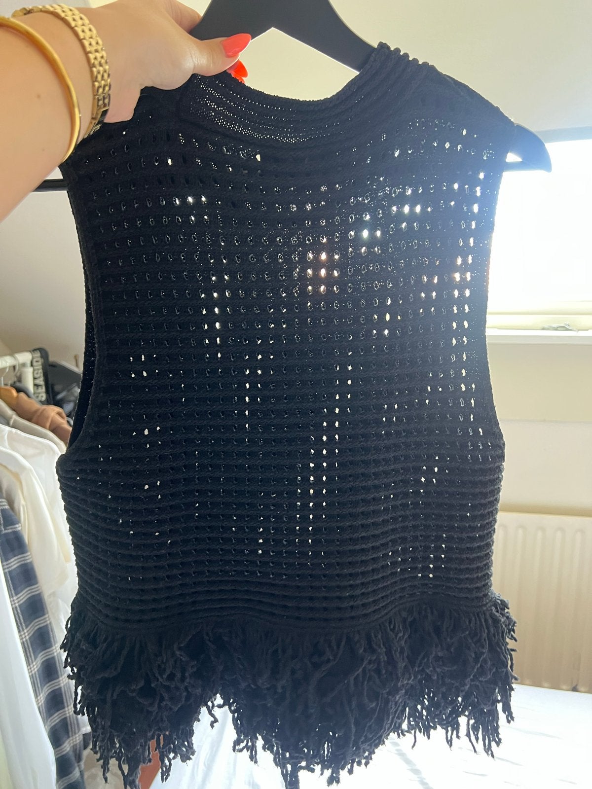 Zara gebreide zwarte top met franjes, Maat 38/40 (M), Zwart, Ophalen of Verzenden, Zonder mouw