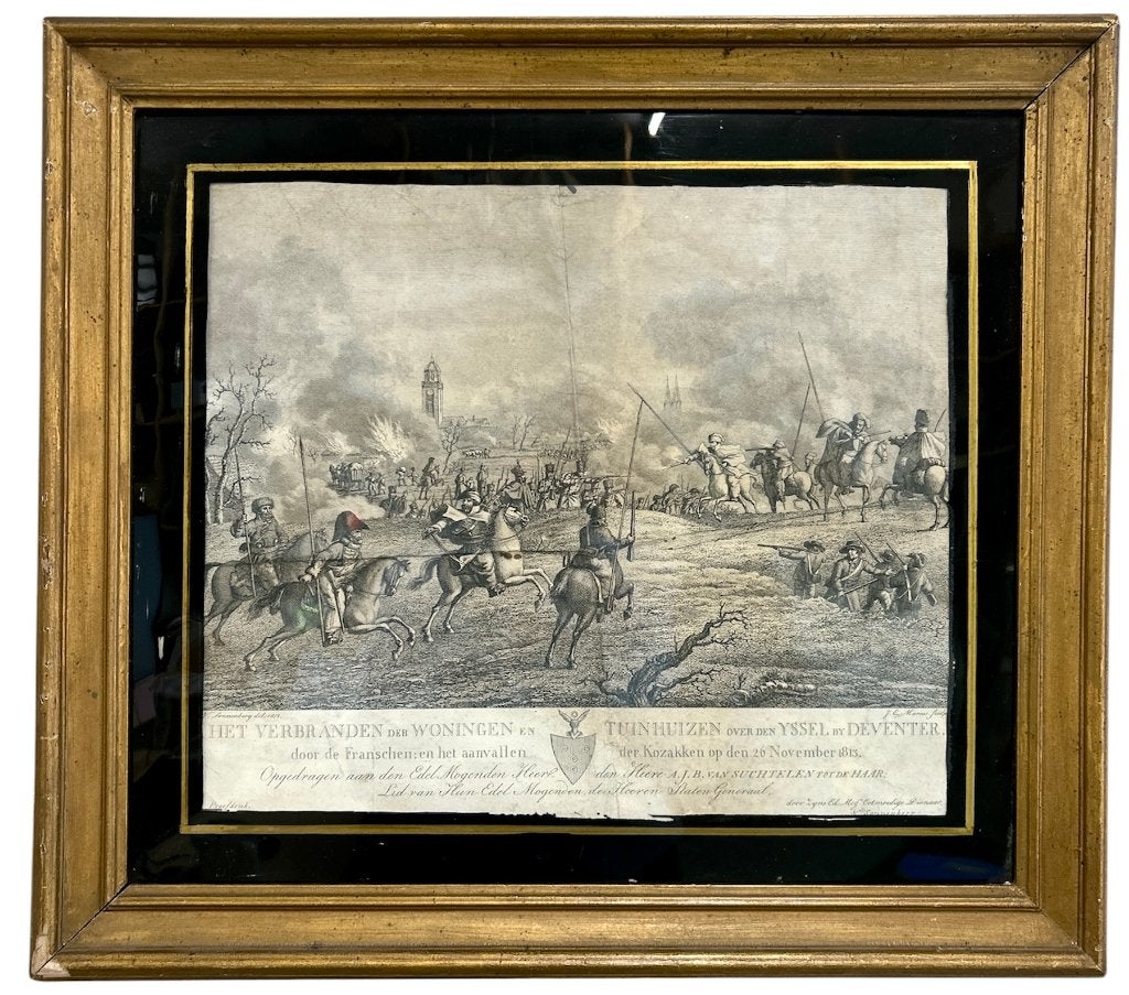 Gravure Deventer IJssel, Napoleon (Fransen - Kozakken) # 221, Ingelijst, 1800 - 1899, Militair, Ophalen of Verzenden