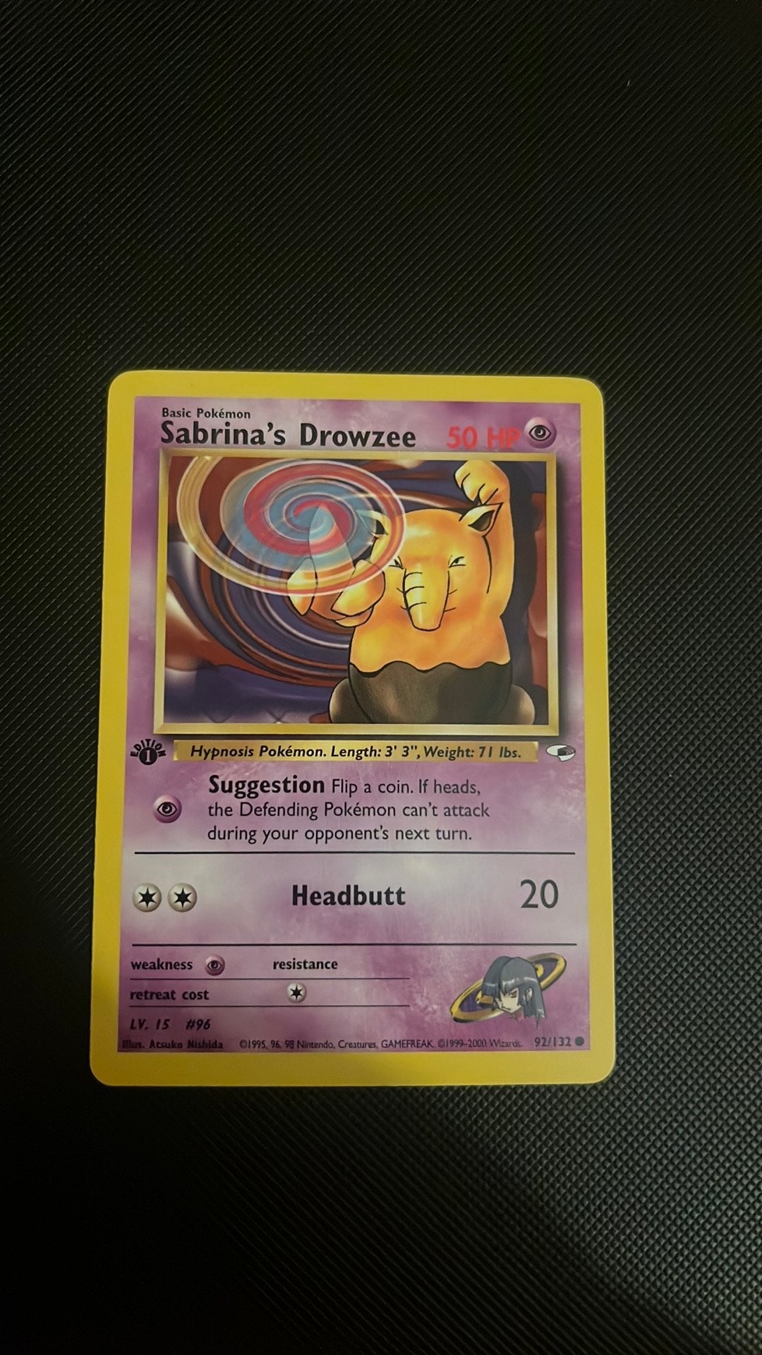 Pokemon kaart Sabrina’s Drowzee #92 1st edition, Ophalen of Verzenden, Zo goed als nieuw, Losse kaart
