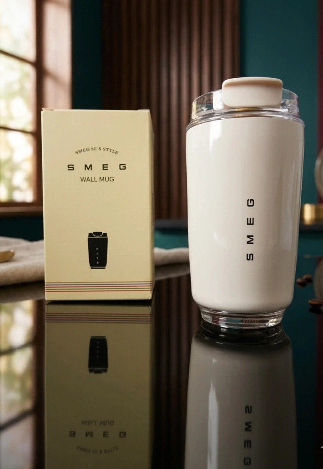 Nieuwe Smeg drinkbeker koffie thermosbeker beige, Ophalen of Verzenden