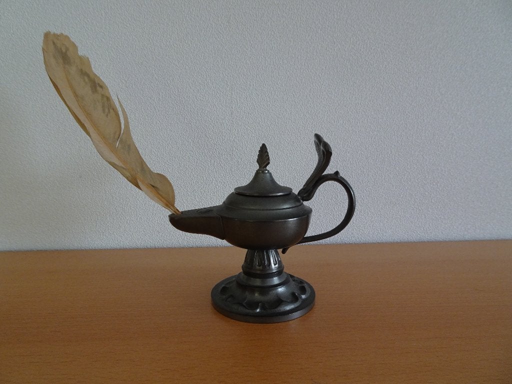 Inktpot met veer tin vintage, Antiek en Kunst, Ophalen
