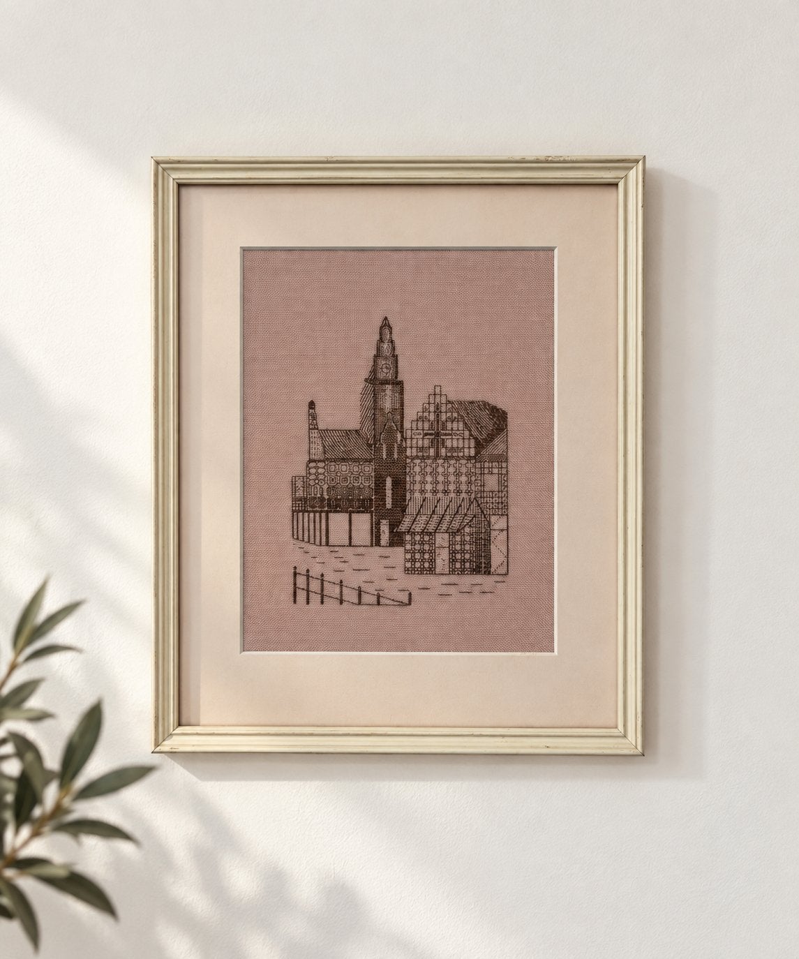 Vintage modern borduurwerk stadsgezicht in lijst, *, Ophalen of Verzenden, Zo goed als nieuw, *
