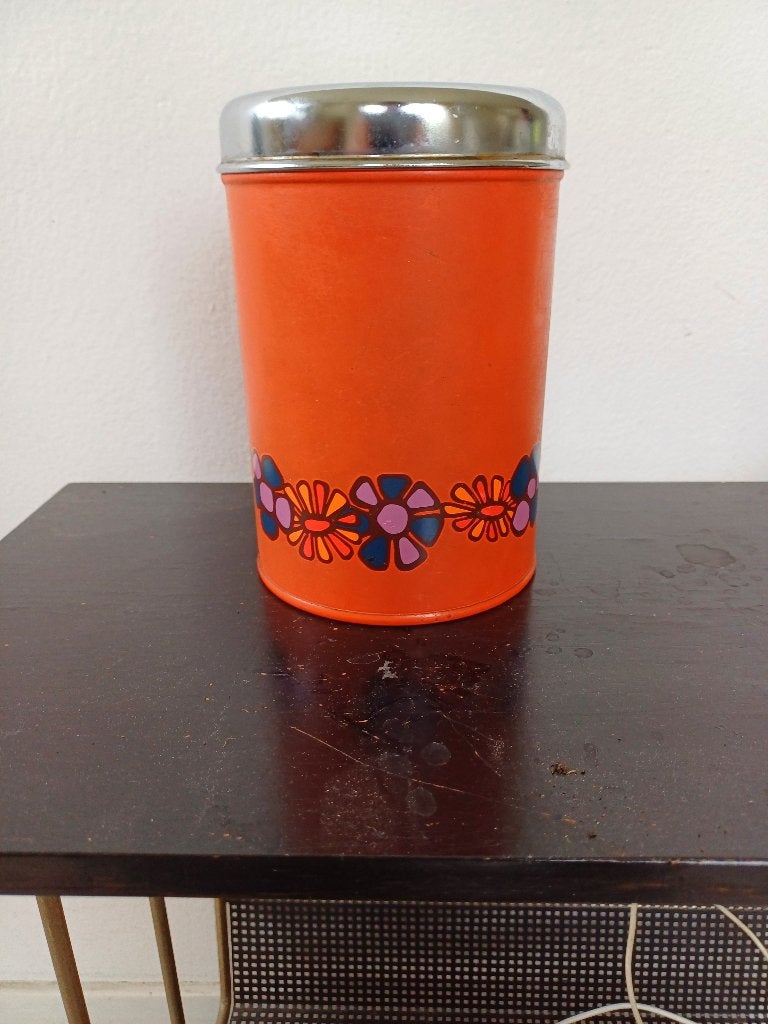 Vintage retro blik flower power oranje met bloemen, Huis en Inrichting, Gebruikt, Ophalen of Verzenden, Voorraadpot, Metaal
