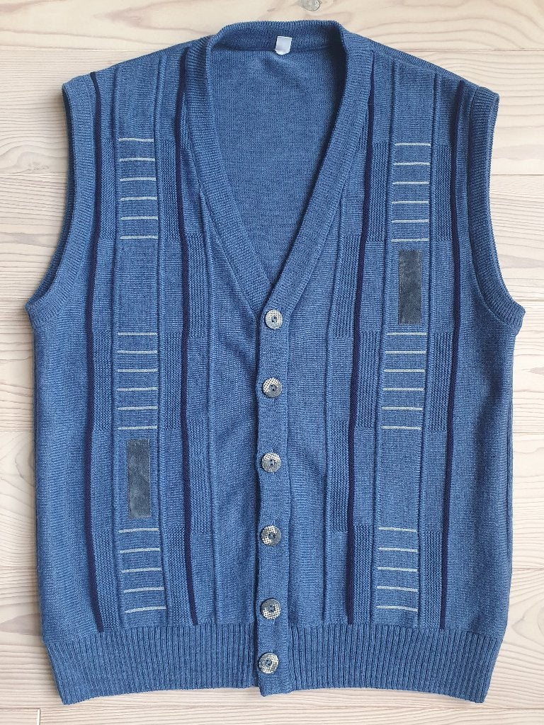 Mouwloos, gebreid vest / gilet, vintage look, mt M, Verzenden, Zo goed als nieuw, Maat 48/50 (M), Blauw