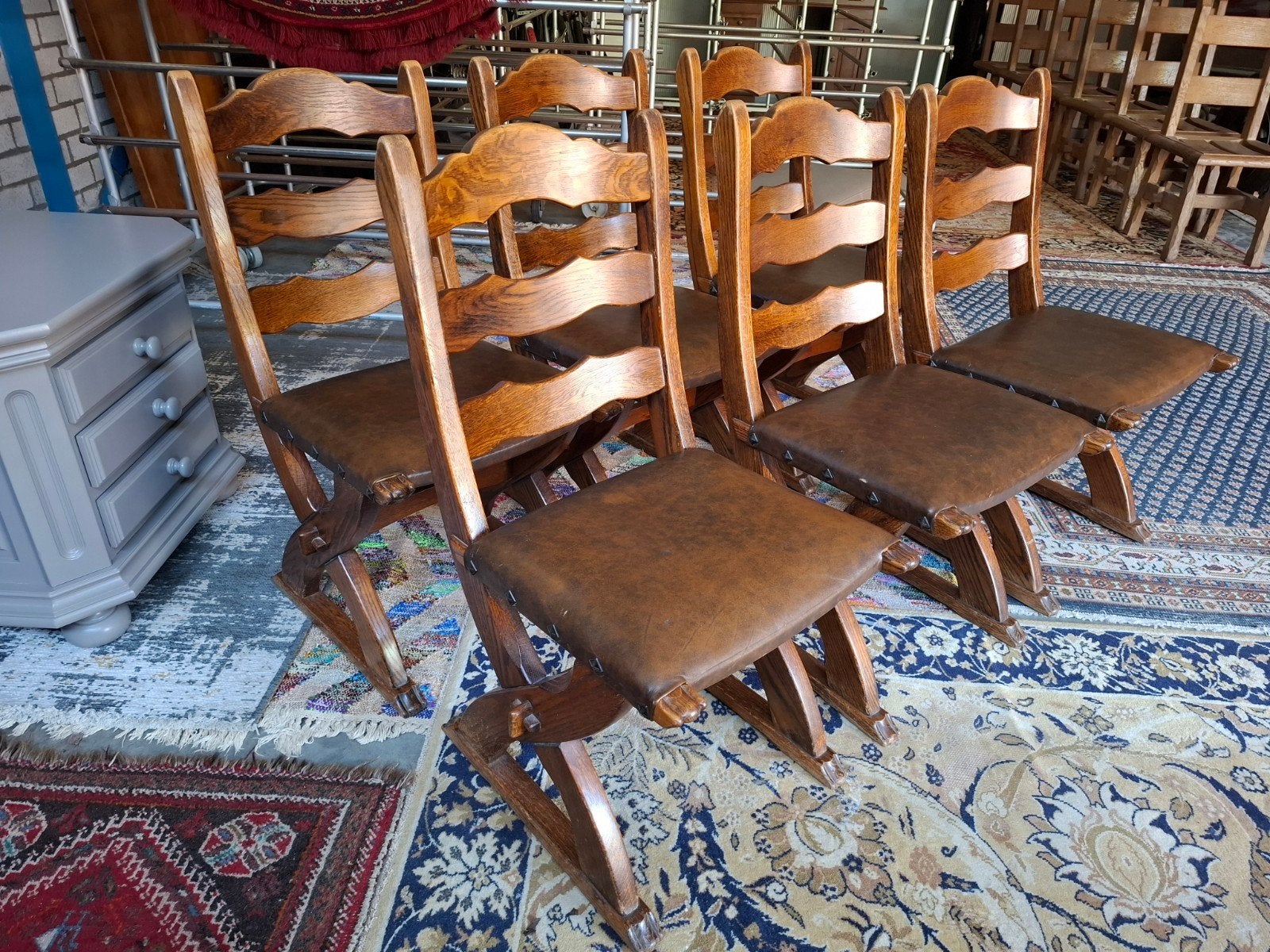 Vintage stoel stoelen 6x rustiek massief eiken leer. Zie oms, Ophalen, Gebruikt, Bruin, Vijf, Zes of meer stoelen