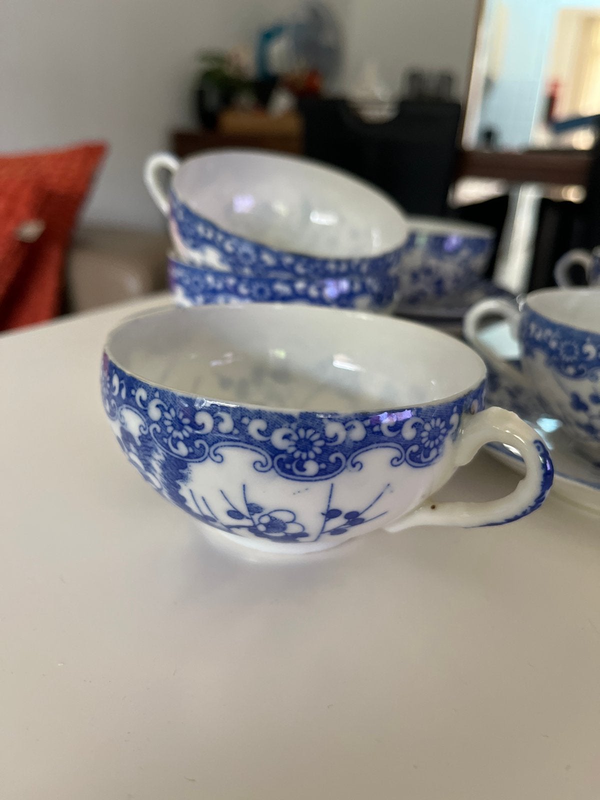 Set van 6 antieke blauw-witte theekopjes met schotels, Ophalen