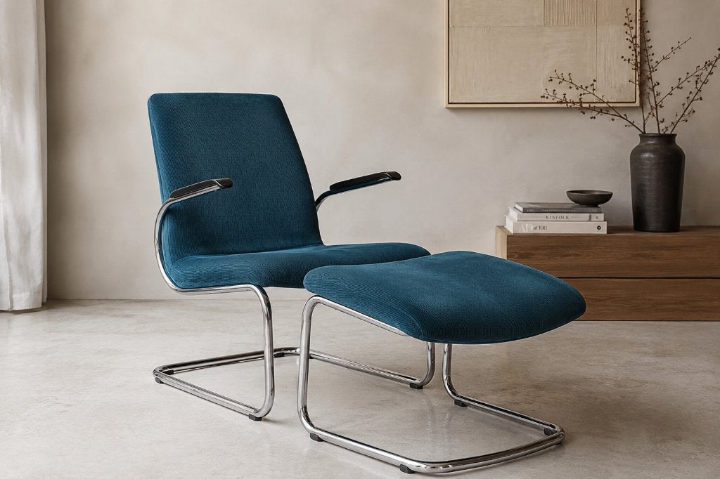 Designfauteuil Schürgers Basic 004 + hocker | Petrol ribstof, Ophalen, Gebruikt, Minder dan 75 cm, Stof