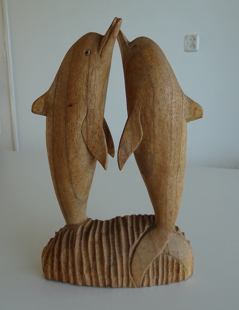 Vintage Handgesneden Dolfijnen Standbeeld van Hout, Ophalen