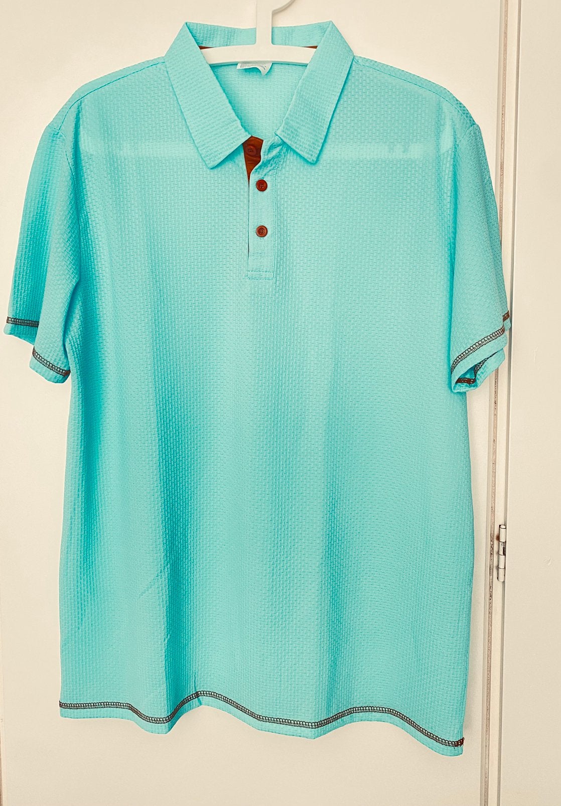 Nieuwe poloshirt in blauw/zeegroen & bruine details, Ophalen of Verzenden, Nieuw, Maat 52/54 (L), Blauw