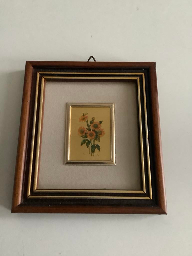 Bladgoud Miniatuur schilderij zonnebloemen in houten lijst, Antiek en Kunst, Ophalen of Verzenden