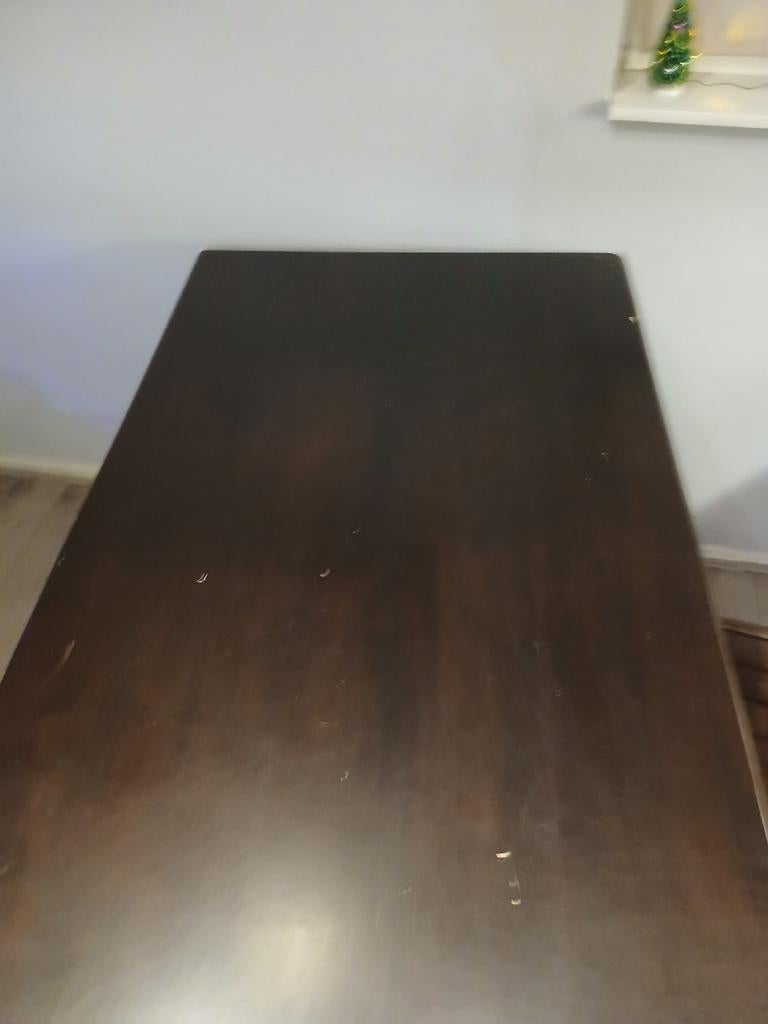 Eettafel met 2 stoelen - Donkerbruin hout, Ophalen, Gebruikt, 100 tot 150 cm, Tot twee personen