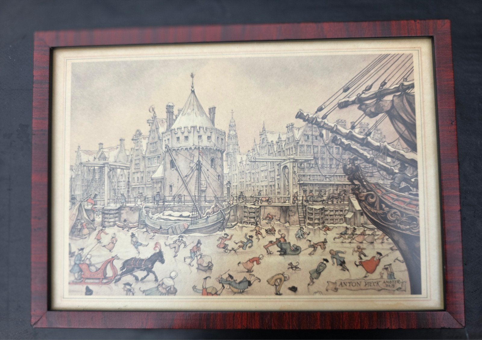 Anton Pieck Amsterdam Prent - Schaatsers op het ijs, Antiek en Kunst, Ophalen of Verzenden, Prent, Ingelijst