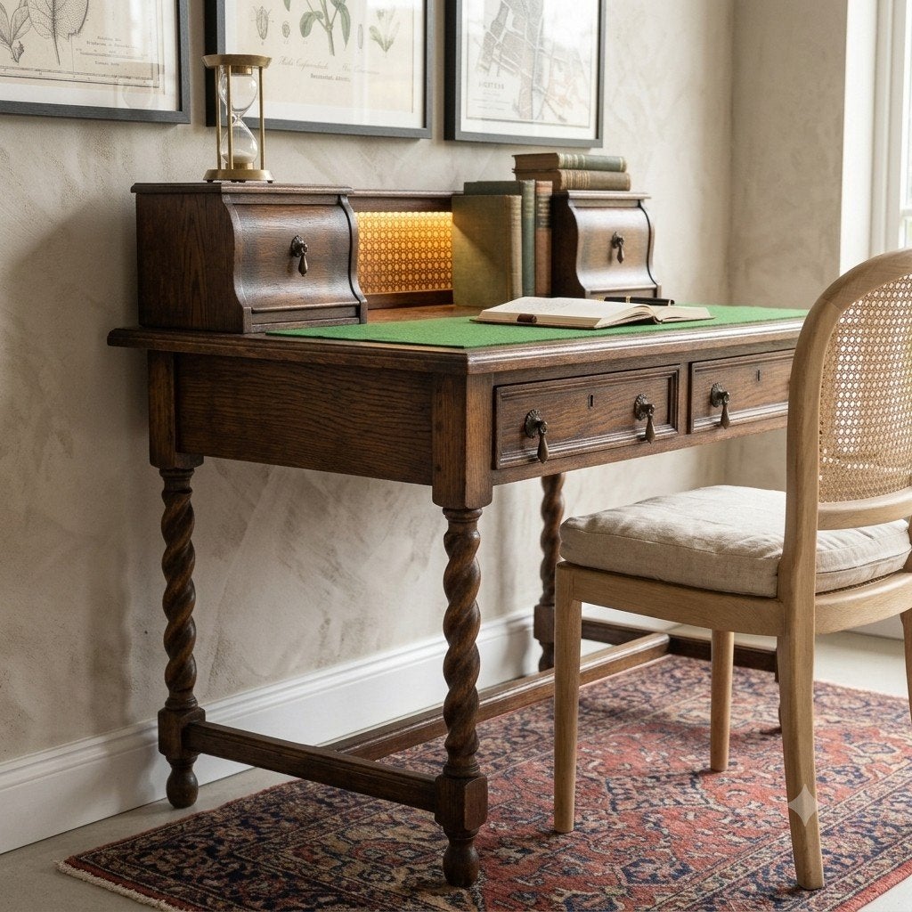Antiek eiken damesbureau / Bonheur du Jour met webbing & tor, Overige typen, Hout, Antiek, Bruin