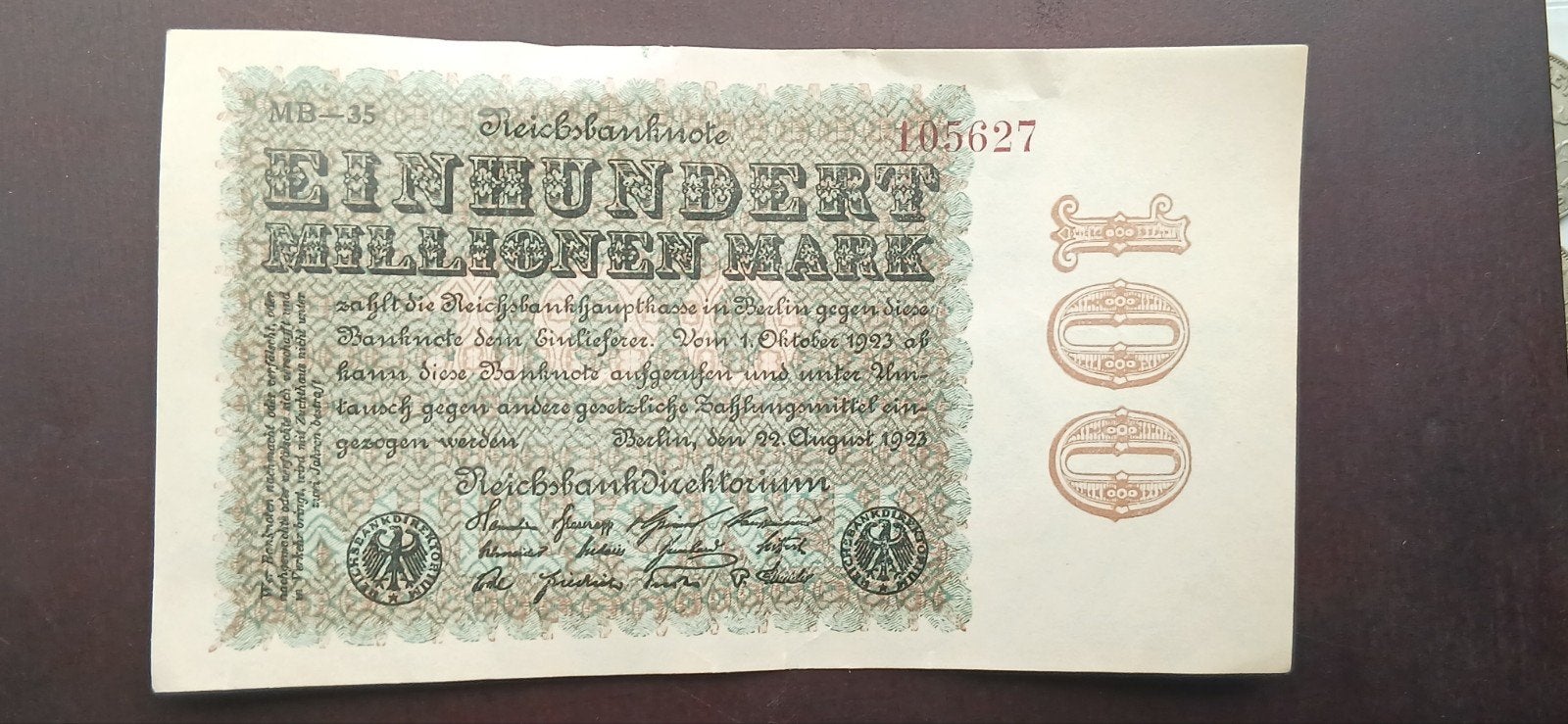 Duitsland 1923 Einhundert Millionen Mark 100 Miljoen Biljet, Ophalen of Verzenden, Duitsland