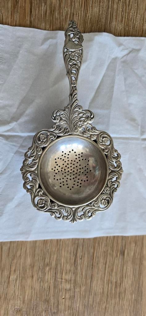 Vintage verzilverde Theezeef met Schoteltje, Antiek en Kunst, Ophalen of Verzenden, Zilver