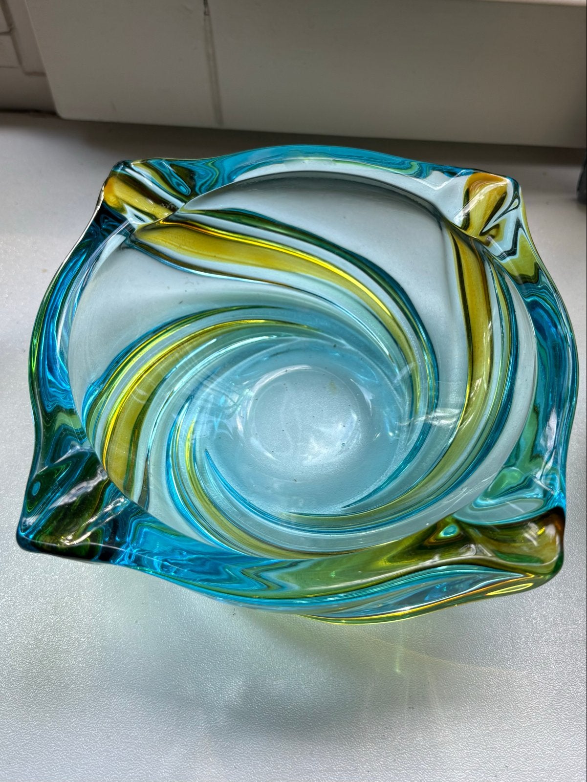 Vintage Murano Glas Asbak/Schaal - Blauw, Groen, Geel, Antiek en Kunst, Antiek | Glas en Kristal, Ophalen of Verzenden