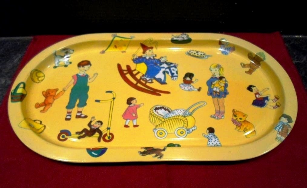 Blikken dienblad speelgoed. Ovaal. Kindertafereel., Ophalen of Verzenden
