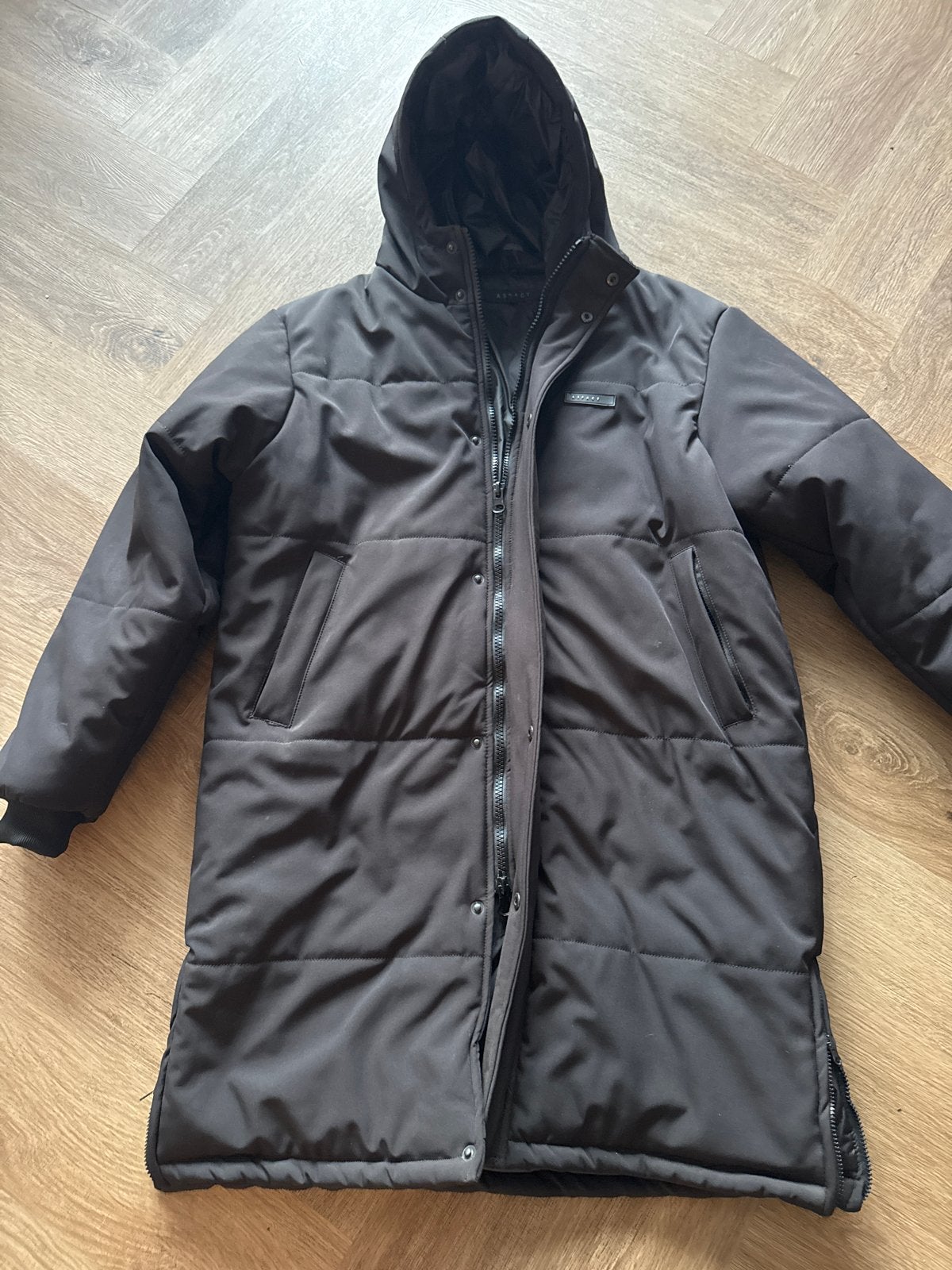 Aspact lange puffer jas zwart maat XL, Ophalen, Zo goed als nieuw, Maat 46/48 (XL) of groter, Zwart