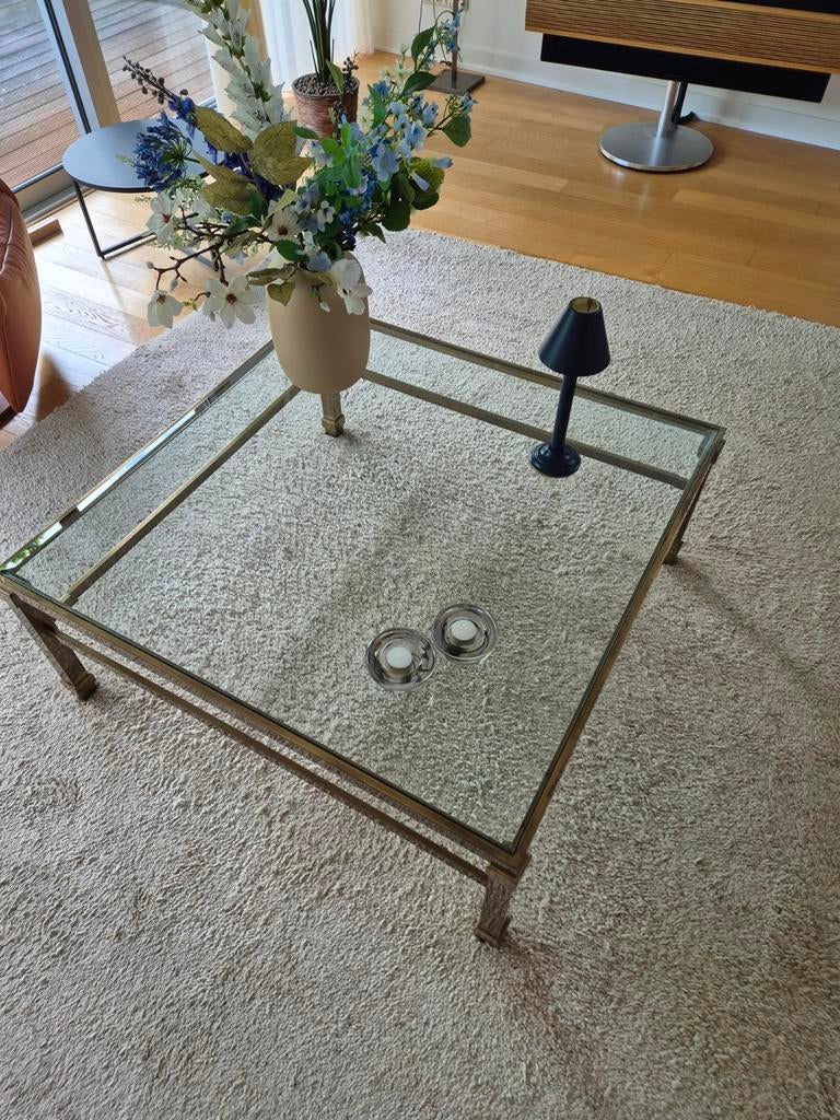 Stijlvolle glazen salontafel met messing frame, Huis en Inrichting, Tafels | Salontafels, Ophalen, Gebruikt, 50 tot 100 cm, Klassiek, Modern, Elegant