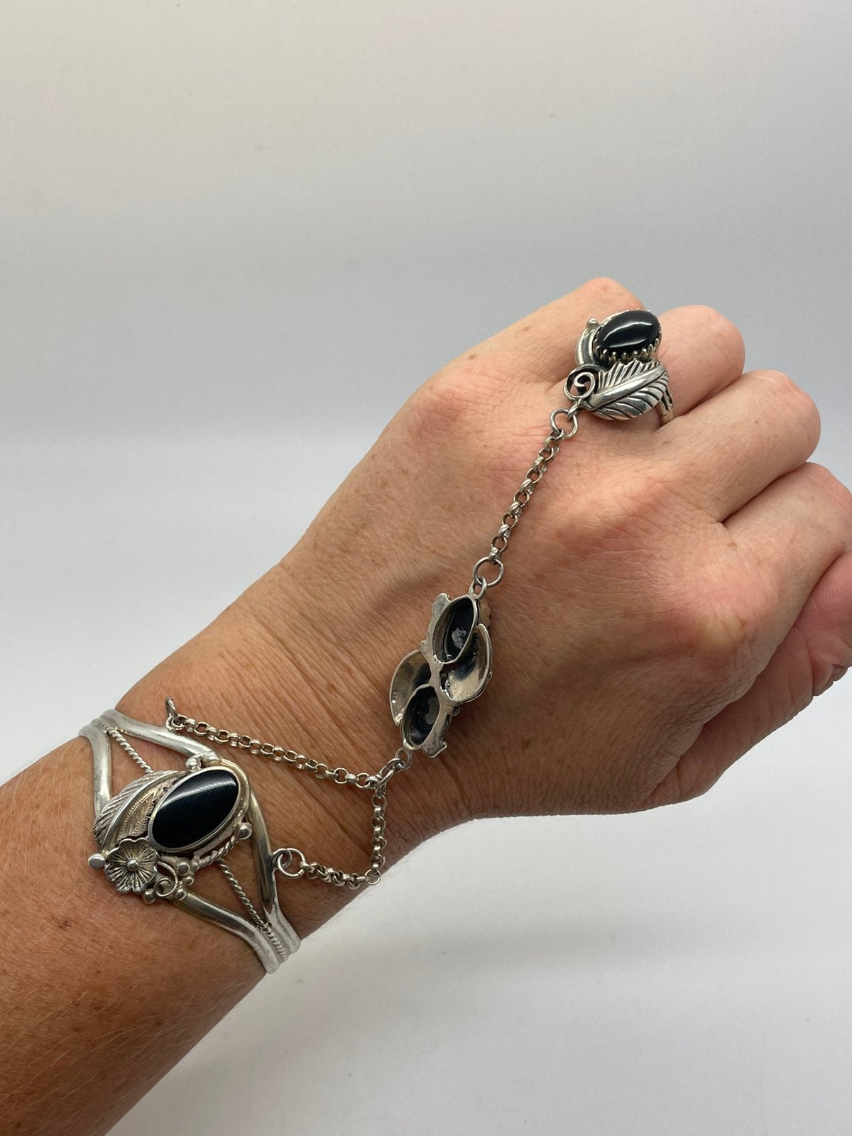 F465 Prachtige zilveren Navajo slavenarmband met ring, Ophalen of Verzenden, Zilver, Overige typen, Met edelsteen