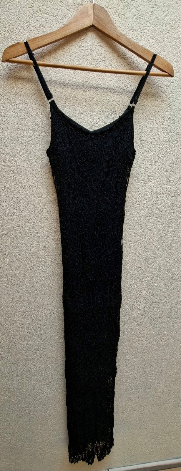 Gehaakte, zwarte, formfitting, maxi jurk., Maat 38/40 (M), Zwart, Ophalen of Verzenden, Gedragen