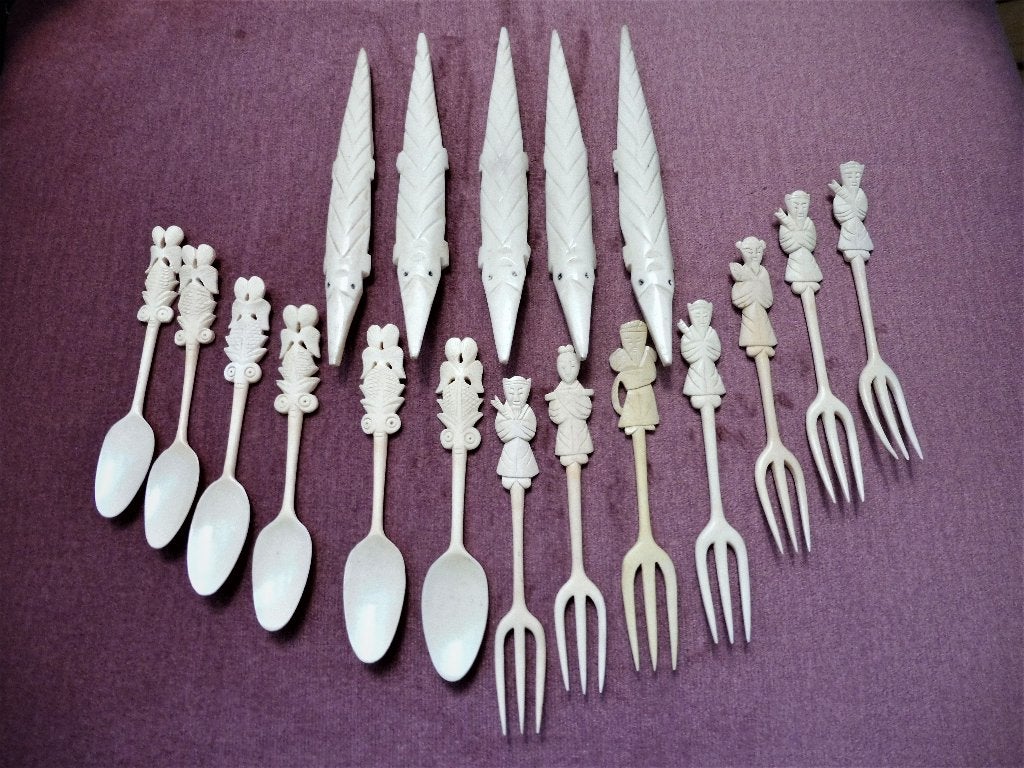 Aziatische cocktailset  lepeltjes vorkjes bestekleggers 1930, Overige typen, Handgemaakt, China, Overige materialen