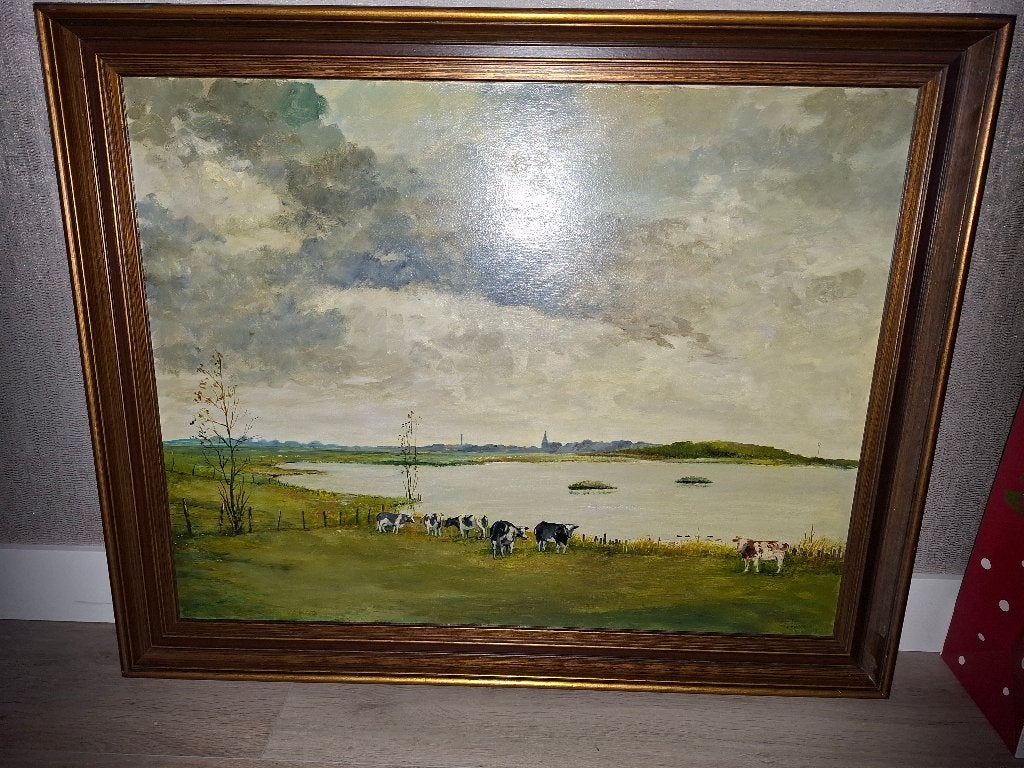 Schilderij "Blik op Genemuiden", Ophalen, Doek, Bijzondere lijst, Olieverf