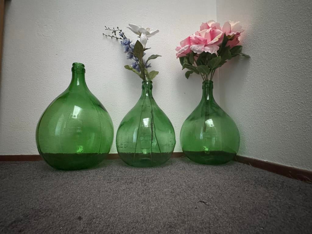 3x Grote groene gistflessen / dame jeanne – decoratie, Ophalen