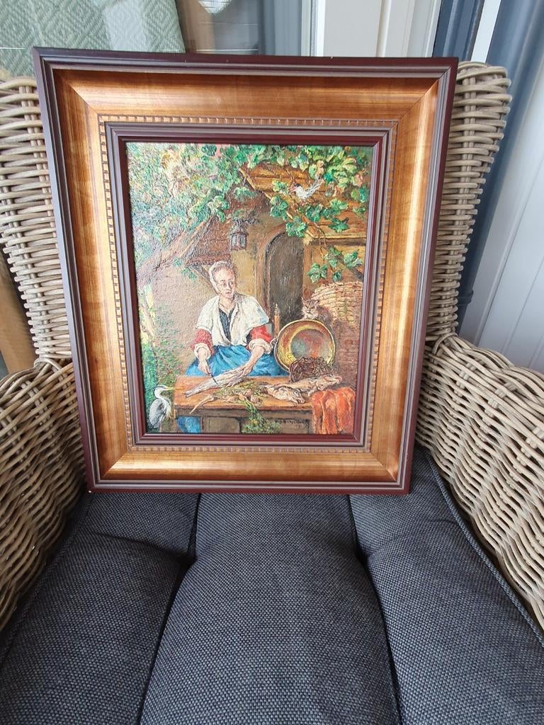 Oud schilderij met boerin en dieren, Ophalen of Verzenden