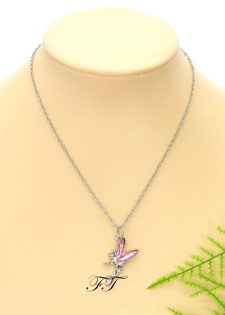 Disney halsketting met Tinkerbel pendant met roze vleugels., Overige materialen, Verstelbaar, Nieuw, Ophalen of Verzenden