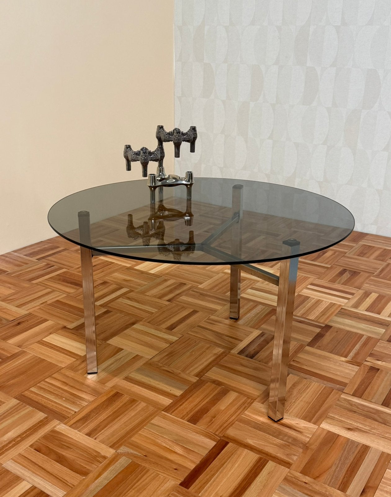 Vintage chroom retro salontafel rookglas space age metaal, Huis en Inrichting, Tafels | Salontafels, 50 tot 100 cm, Vintage, 50 tot 100 cm