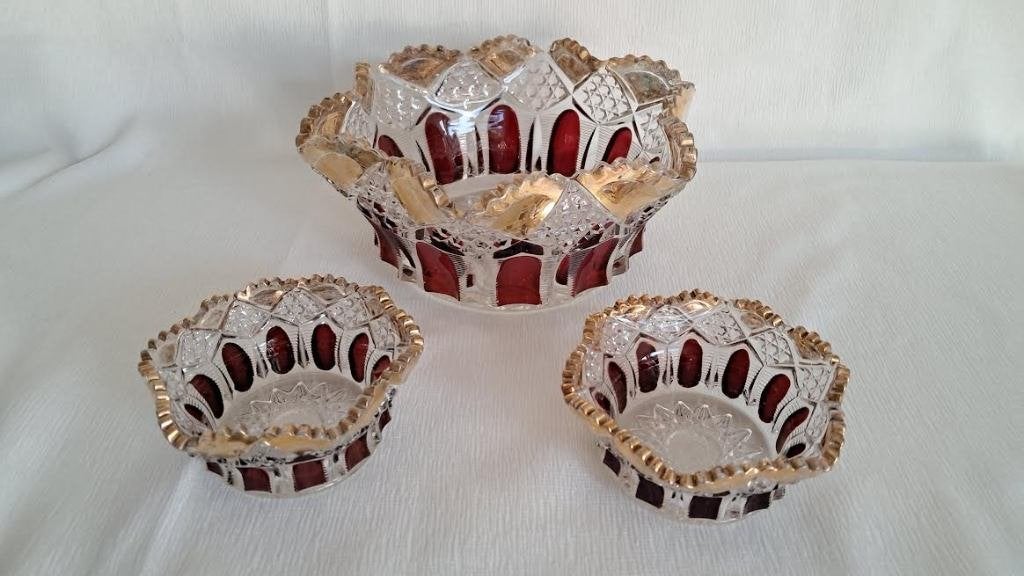 Antieke 3-delige glazen set Tarentum "Ladder with Diamonds", Ophalen of Verzenden
