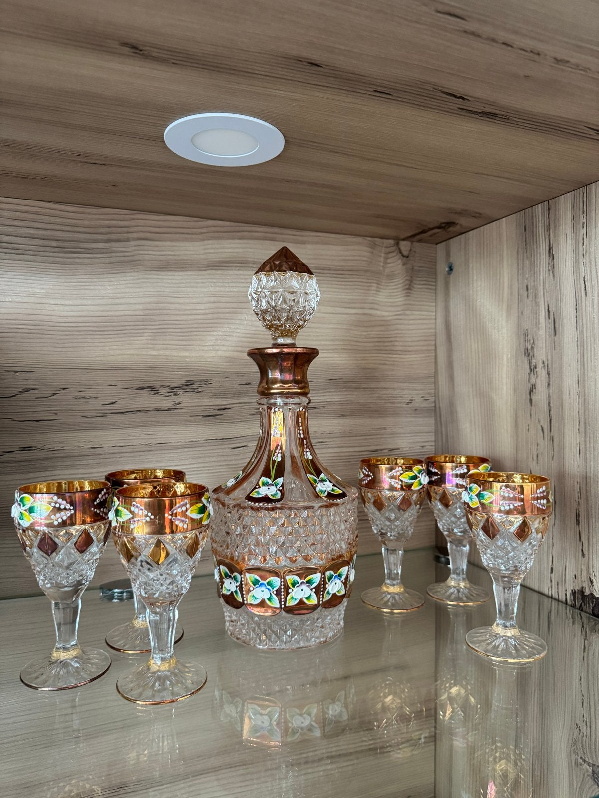 Vintage Kristallen Karaf Set met Glazen - Handgeschilderd, Antiek en Kunst, Antiek | Glas en Kristal, Ophalen of Verzenden