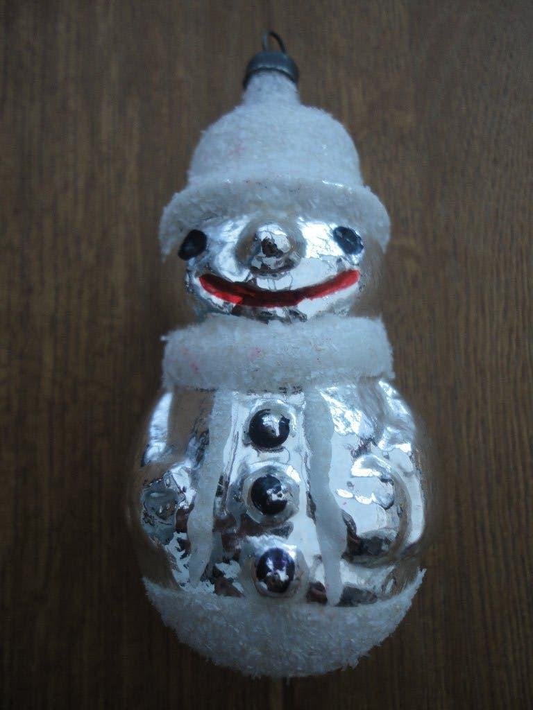 Mooie oude glazen kerstbal vorm is een sneeuwpop, Ophalen of Verzenden, Gebruikt