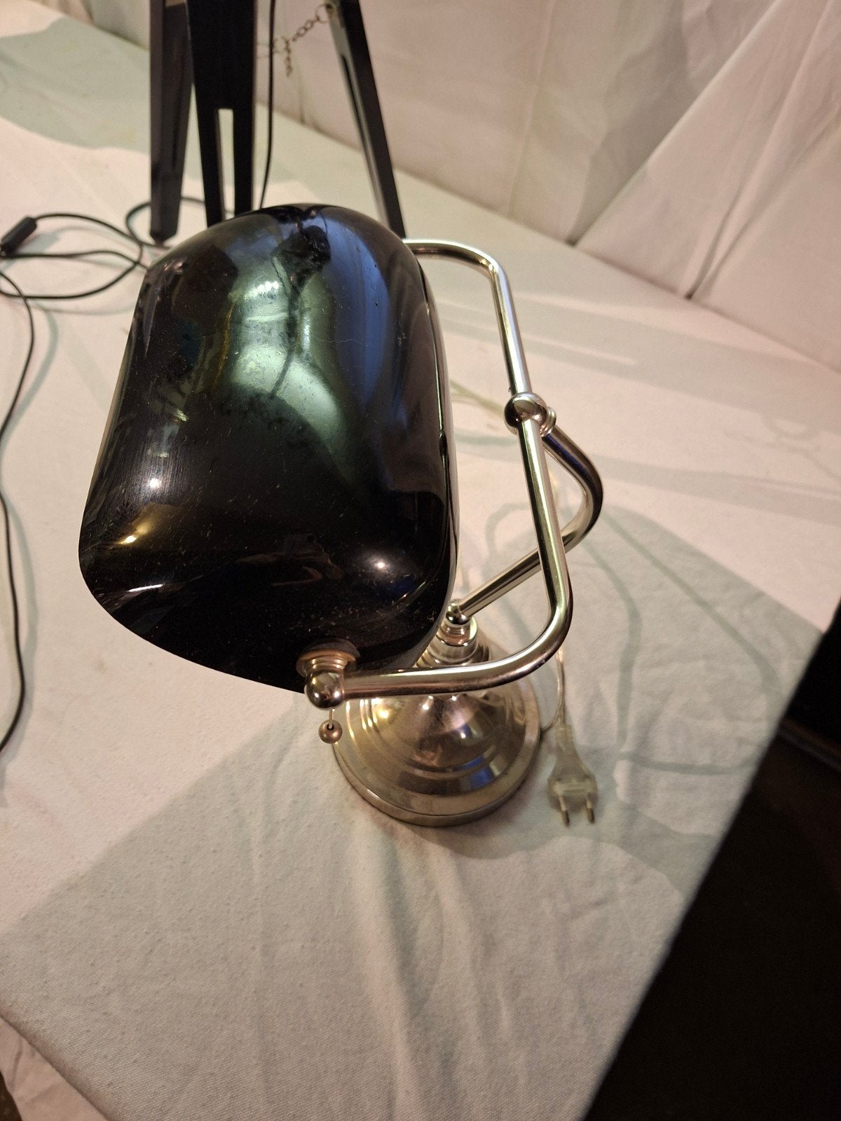 Klassieke Bankierslamp - Zwart/Zilver, Huis en Inrichting, Lampen | Tafellampen, Gebruikt, Metaal, E27 (groot), Met schakelaar