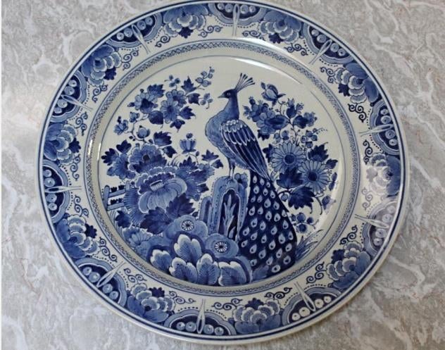Groot wandbord Porceleyne Fles Delft met pauw 1947, Ophalen of Verzenden