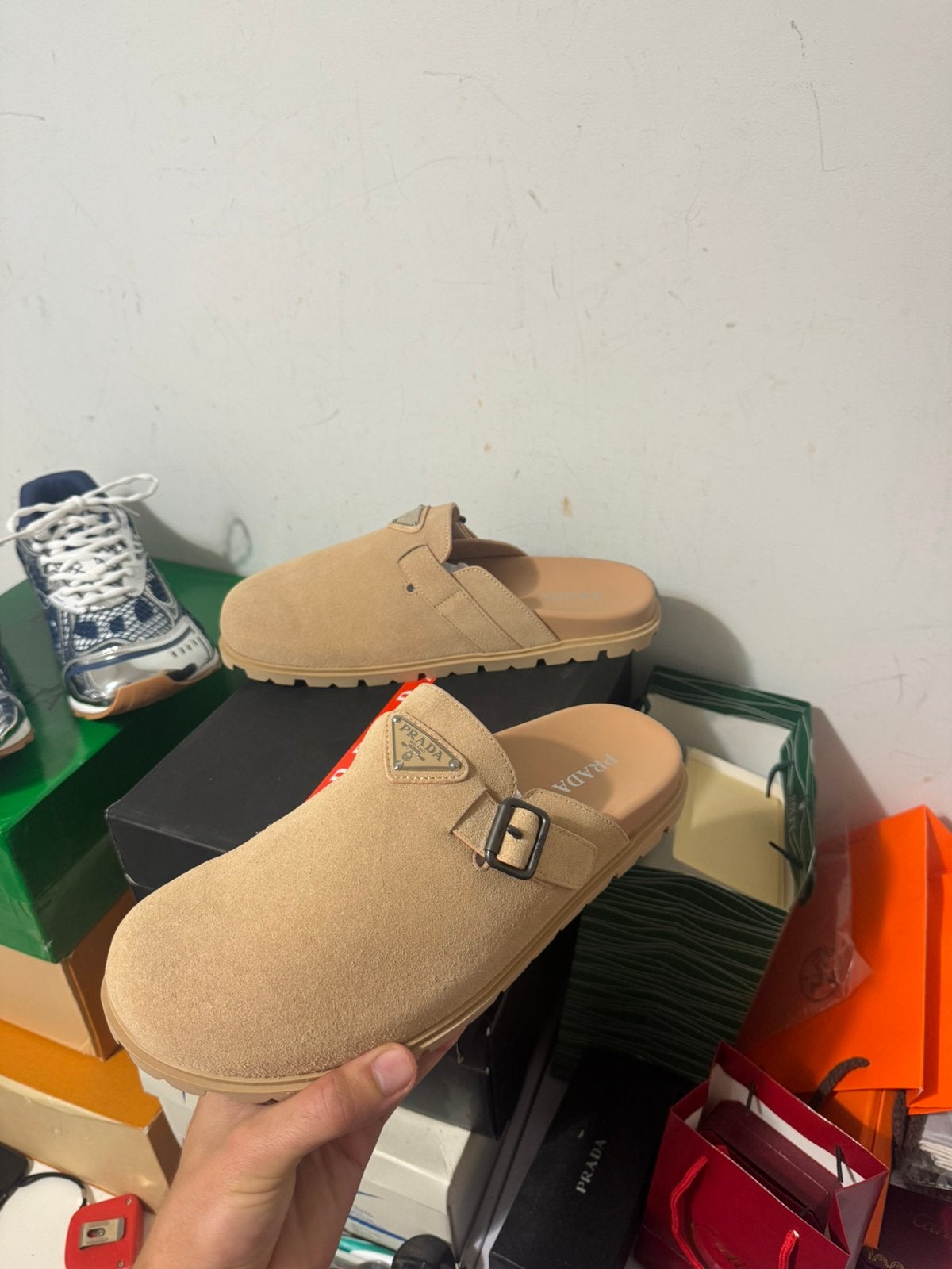 Prada Desert Beige Suede Mules, Ophalen of Verzenden, Nieuw